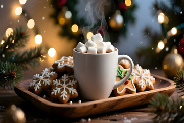 Cozy christmas scene with a steaming mug of hot chocolate topped with marshmallows and festive cookies