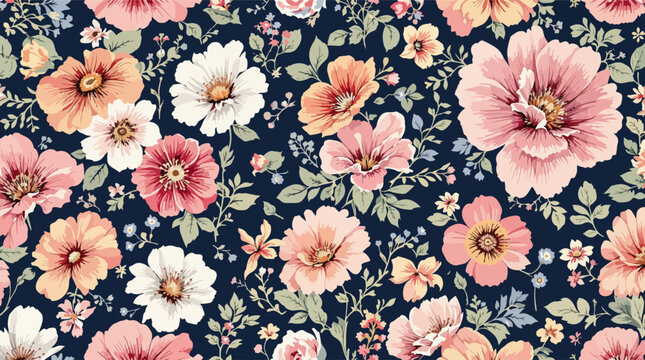 Vintage floral seamless pattern with pink rose flowers and green leaf decoration vector illustration