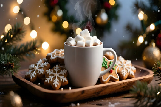Cozy christmas scene with a steaming mug of hot chocolate topped with marshmallows and festive cookies