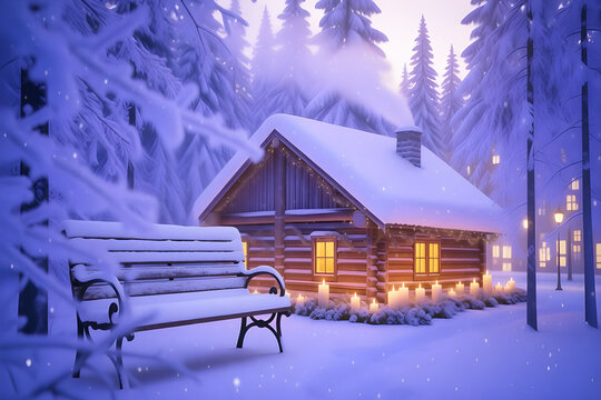 Cozy wooden cabin in a snow covered forest with warm light glowing from windows and a snow covered bench