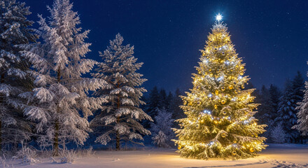 Illuminated christmas tree in a snowy forest at night