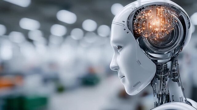 Cybernetic Vision: A futuristic close-up of a human-like robot showcases its advanced artificial intelligence and intricate circuitry, set against the backdrop of a modern technological environment.