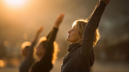 Close-up of a mature woman stretching outdoors during a serene sunset