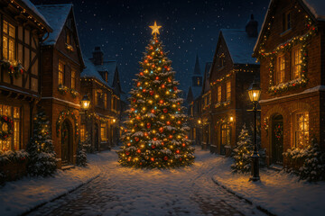 Fototapeta premium Christmas tree night snow street lights star decorations warm glow festive holiday winter village cozy celebration