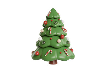 Cartoon christmas tree decorated with ornaments and candy canes on transparent background