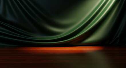 Background elegant green fabric draped over a blurred brown surface creating a dramatic backdrop effect