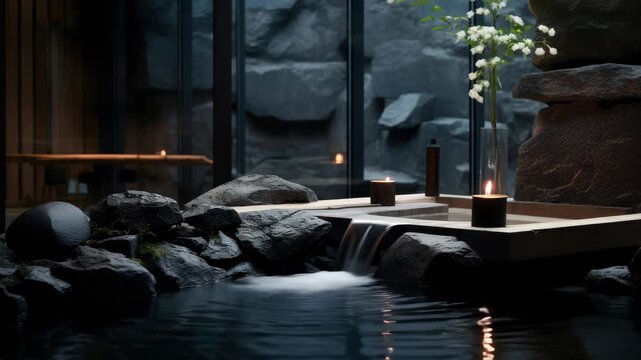 Serene spa setting with a low-angle view of a tranquil indoor pond, rocks, and candles. Perfect for a relaxing ambiance video. Live desktop wallpaper.