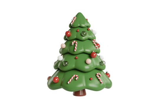 Cartoon christmas tree decorated with ornaments and candy canes on transparent background - Powered by Adobe