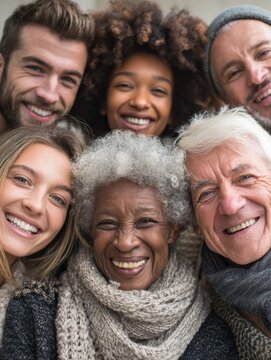group of multigenerational people smiling in front of camera  multiracial friends of different ages having fun together  main focus on caucasian senior faces no logos no brands ar 34