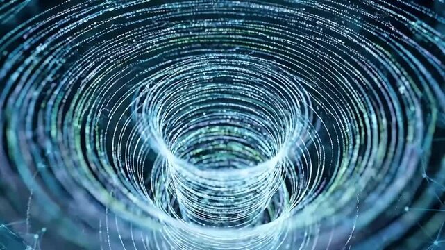 A mesmerizing abstract animation features a glowing digital tunnel or vortex, composed of countless interconnected light particles in vibrant shades of blue and green, set against a deep, dark backgro