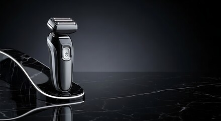 Electric shaver for men grooming kit close up on black marble background for shaving and personal care