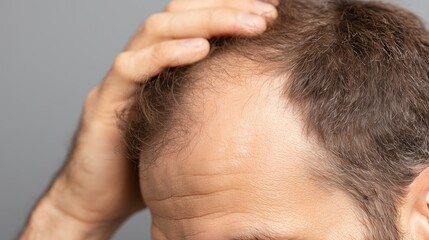 Close-up of a man's hand checking his hairline and the onset of balding