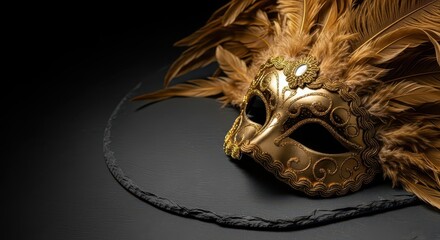 Golden feathered mask on black background with Mardi Gras theme  