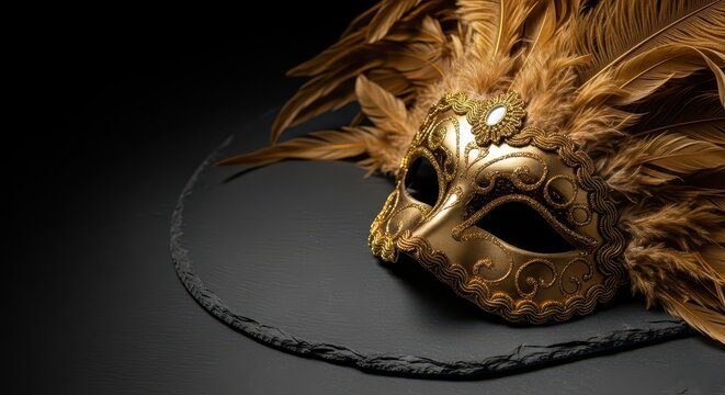 Golden feathered mask on black background with Mardi Gras theme   - Powered by Adobe