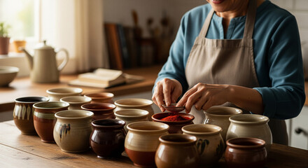 Skilled senior craftswoman meticulously arranging a beautiful collection of handmade ceramic pottery jars in her sunlit home workshop