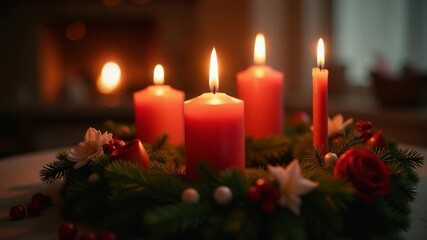 A decorative Christmas wreath with lit candles and natural greenery, perfect for holiday decor or gift wrapping - Powered by Adobe