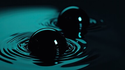 Two dark spheres resting on rippled turquoise liquid.