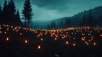A mystical forest landscape illuminated by numerous small lights.