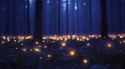 Enchanting forest floor illuminated by glowing lights.