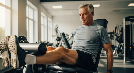 Determined older man exercising his quadriceps on a leg extension machine during his fitness routine, promoting senior health and active aging in a modern gym