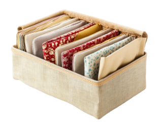 Fabric organizer box with folded textile pieces