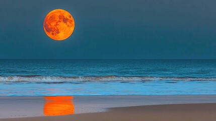 Large orange moon reflected on tranquil ocean shore.