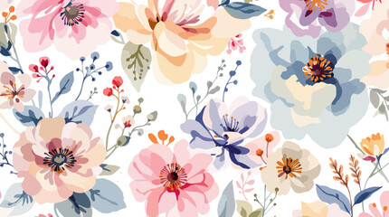 Colorful, pastel-colored flowers on a white background, watercolor flower seamless pattern
