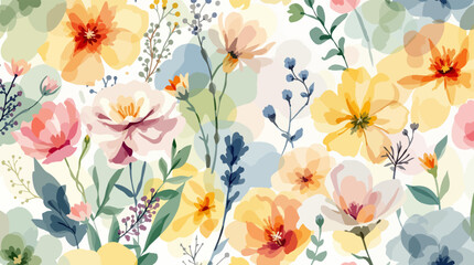 Abstract watercolor floral pattern with pink blossoms and green leaves