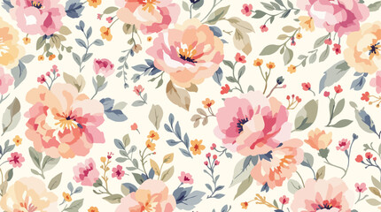 Abstract watercolor floral pattern with pink blossoms and green leaves