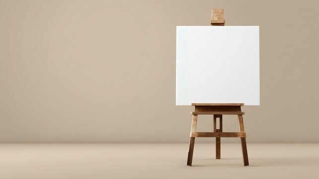Blank white canvas on a wooden easel standing against a simple beige background