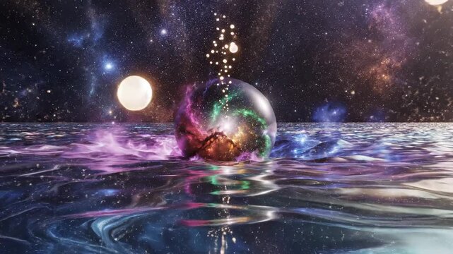 Abstract digital artwork featuring cosmic elements and reflective surfaces