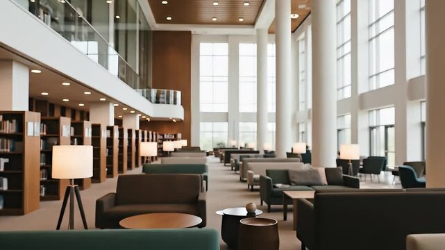 A serene and spacious modern interior slowly transitions from a soft blur to sharp focus, revealing an elegant and contemporary lounge area within what appears to be a large library or sophisticated c