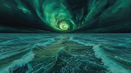 A swirling vortex of emerald light above a turbulent sea.