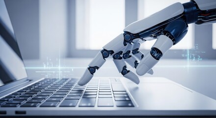 Robotic hand typing on a laptop keyboard, representing AI, automation, and future technology concepts
