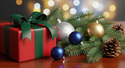 Christmas gift box with festive pine branches, colorful ornaments, and blurred bokeh lights on a wooden table, capturing the holiday spirit