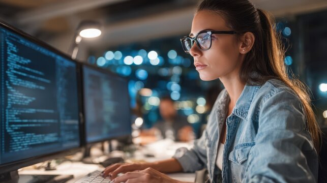 Focused young woman in glasses coding on multiple computer screens, working intently in a modern tech office environment