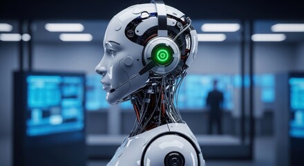 Futuristic AI Robot Head with Headset in a High-Tech Control Room