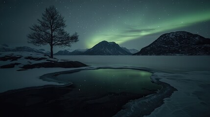 Frozen lake landscape under a starry night sky with aurora.
