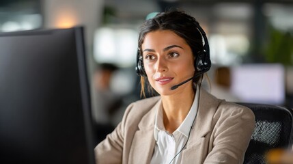 Professional customer service representative wearing a headset and working at a computer in an office