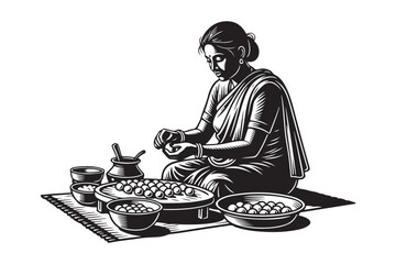 Woman in sari preparing food with traditional utensils