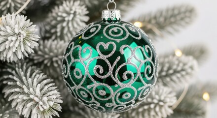 Elegant green glitter Christmas ornament on a frosted artificial tree with bokeh lights, festive holiday decoration
