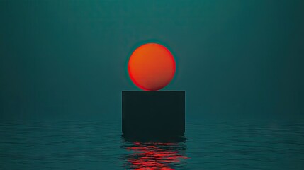 A vibrant orange orb rests atop a dark cube on a misty surface.