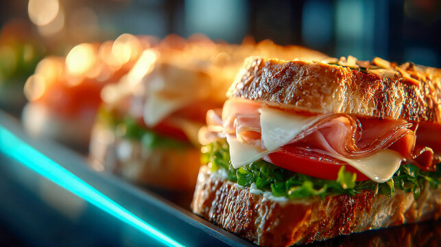 Close-up of a gourmet sandwich with ham, cheese, greens, and a seeded bun in vibrant lighting - Powered by Adobe