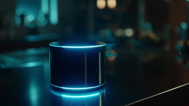 A futuristic smart home Artificial Intelligence Speaker Pulsing Light on a Sleek Countertop in a Dark Minimal Space with Immersive Neon Glow and Advanced Tech Ambience Experience
