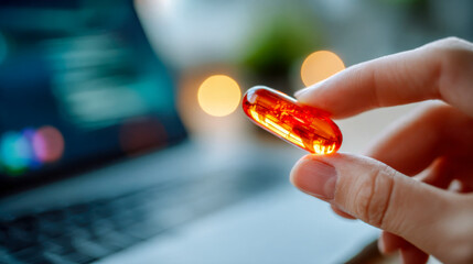 Hand holding a golden softgel capsule near a laptop in a modern work environment