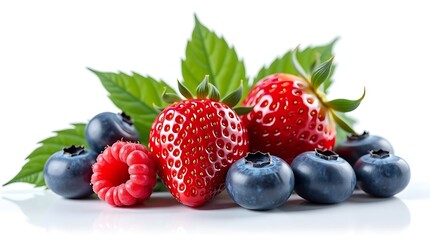 Assortment of fresh berries with leaves, isolated on white background