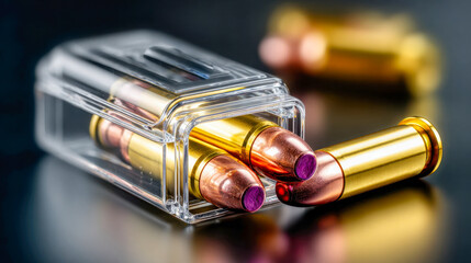 Obraz premium Hand holding a plastic box filled with shiny brass and copper bullets