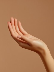 beautiful woman hand isolated on brown background empty open female hand on cream background with copy space close up of elegant palm faced upwards with space for your product no logos no brands ar 3