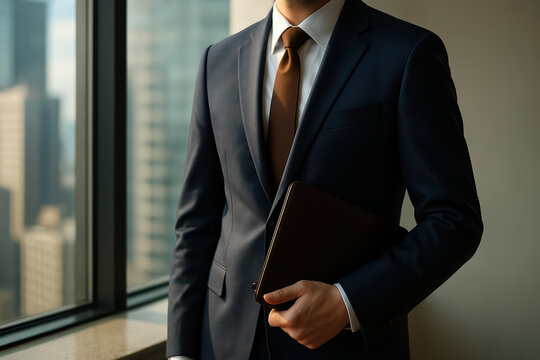Businessman in suit holding leather portfolio near window with city view, confident professional in formal attire ready for meeting or presentation - Powered by Adobe