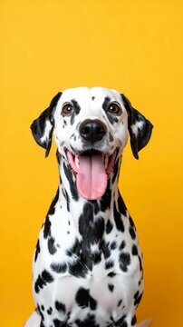 Happy Dalmatian Dog Smiling on Yellow Background. Close-up portrait of spotted animal with open mouth showing teeth and pink tongue.
